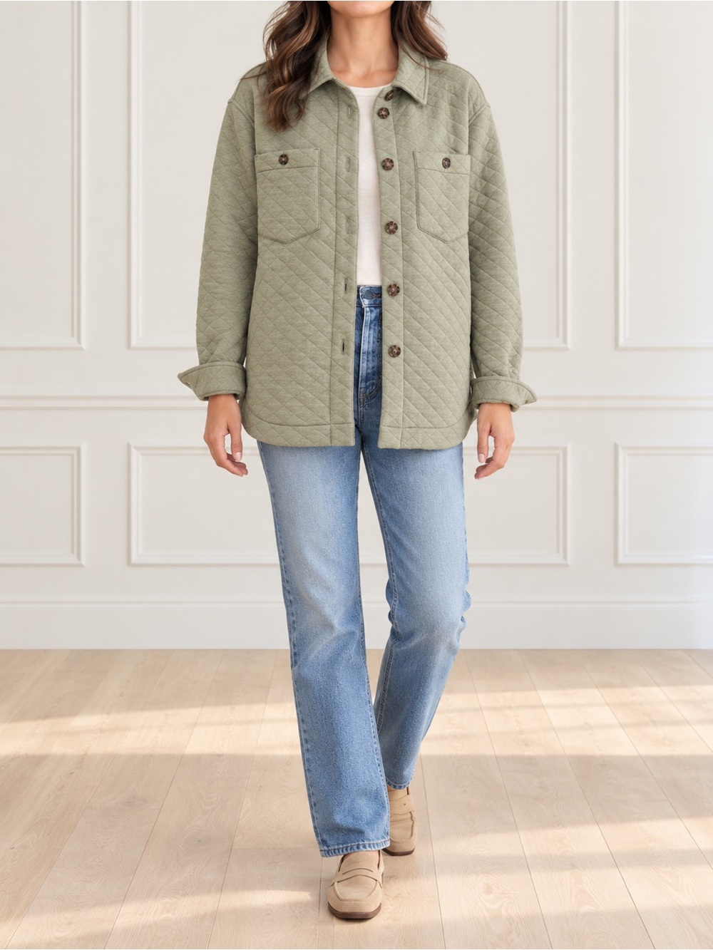 Marine Layer Corbet Quilted Shacket Women Large Green Oversized Jacket Shirt - Picture 10 of 10